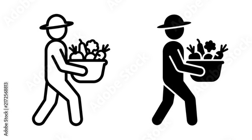 Set of farmer icons carrying a basket of fresh vegetables in flat style.