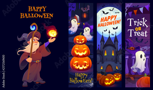 Obraz na płótnie Happy Halloween holiday banners with pumpkins and wizard character, cartoon vector