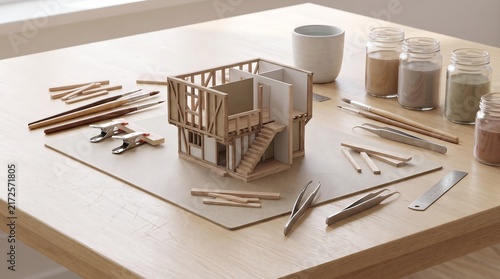 Analog Miniature Building Hobby Workstation with Craft Tools and Paint