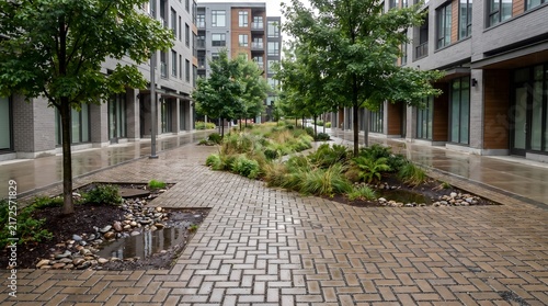 Sponge City Street with Permeable Pavement Rain Garden and Trees