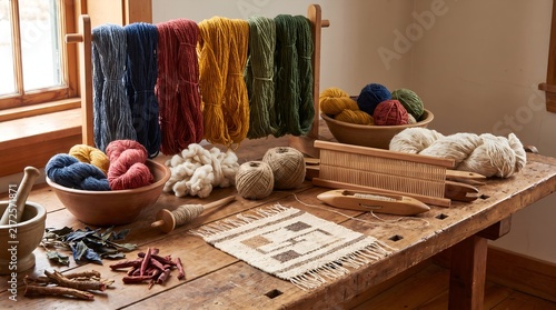 Traditional Textile Craft Still Life with Natural Fibers and Yarn