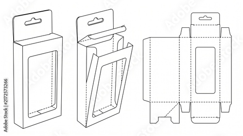 Packaging Box Die-cut Template with Hanging Tab and Window - 3D Mockup and Flat Layout