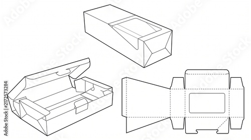 Cardboard Box Packaging Dieline Template with Window and 3D Mockup Views