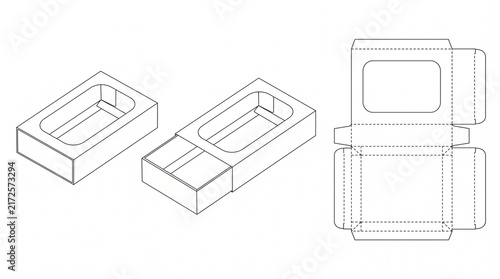 Matchbox Style Sleeve and Drawer Box Packaging Dieline Template with Window and Isometric 3D Mockup Vector Illustration