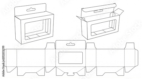 Box Packaging Dieline Template with Window and Hang Tab, 3D Mockup and Flat Layout Vector