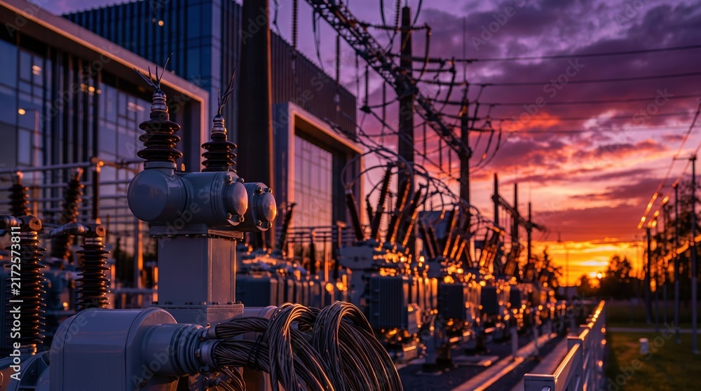 Fototapeta premium Electrical Substation and Power Grid Infrastructure at Dramatic Sunset