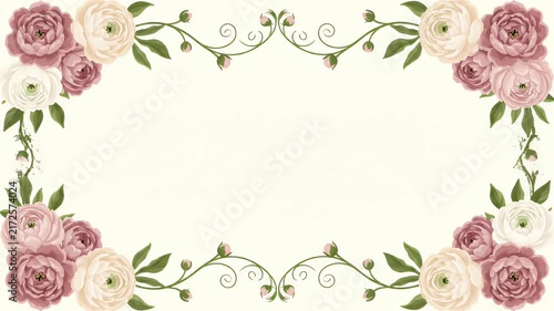 Vintage Floral Frame Illustration with Elegant Dusty Rose and Cream Ranunculus Flowers for Wedding Invitations and Romantic Decorative Stationery