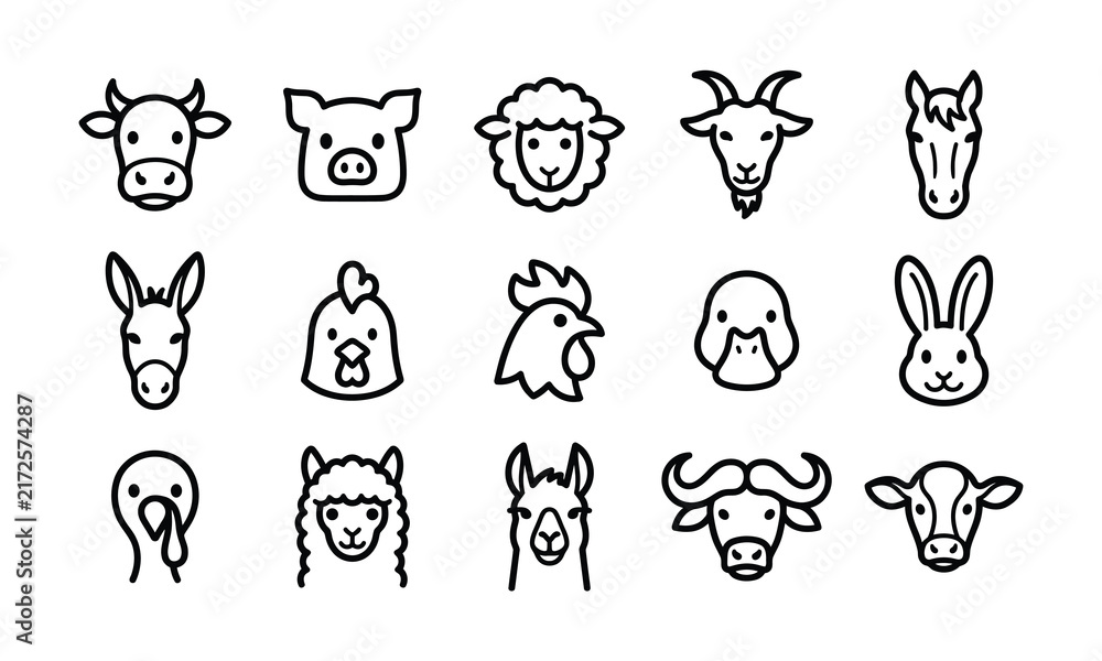 Naklejka premium Cute domestic farm animal line art face icons for educational media.