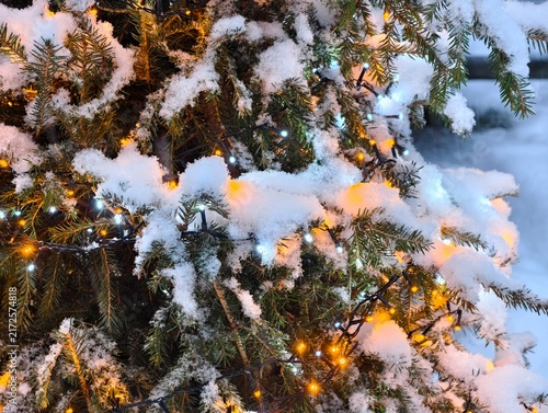 Close-up snow-covered Christmas tree decorated with glowing warm yellow and white fairy lights