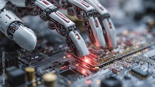 Robotic hand interacting with a computer circuit board.