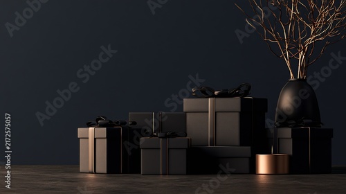 Black Friday Minimal black gift boxes with gold trim and matte vase on dark tabletop for elegant luxury display
