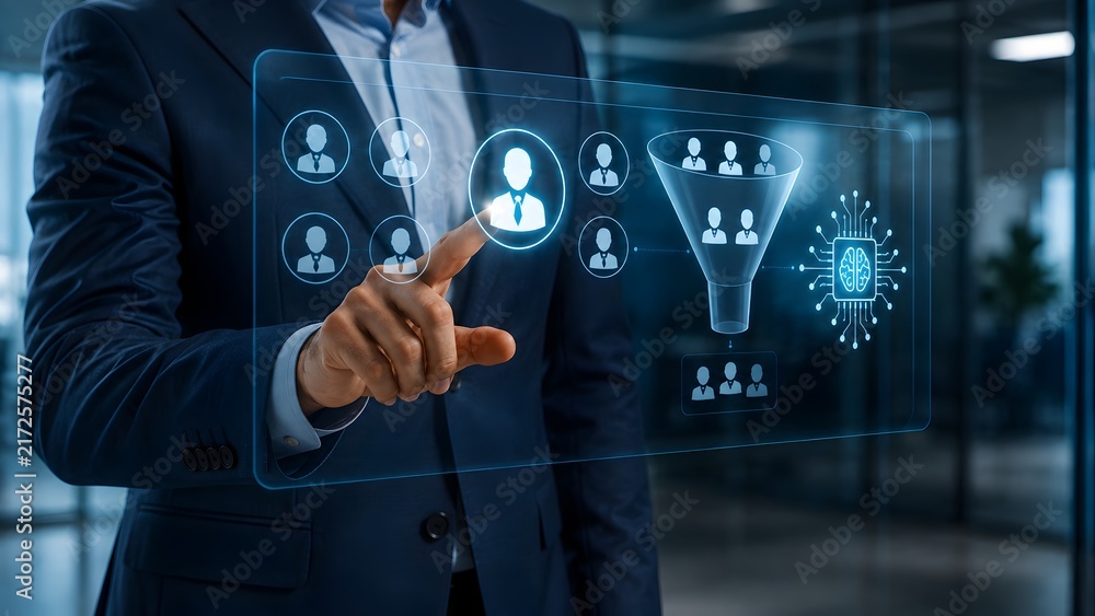 Obraz premium Businessman interacting with a digital sales funnel interface