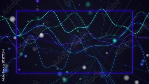 Abstract data visualization with glowing lines and particles on a dark background