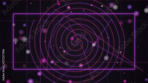Abstract background featuring a glowing purple spiral pattern with floating particles on a dark black backdrop