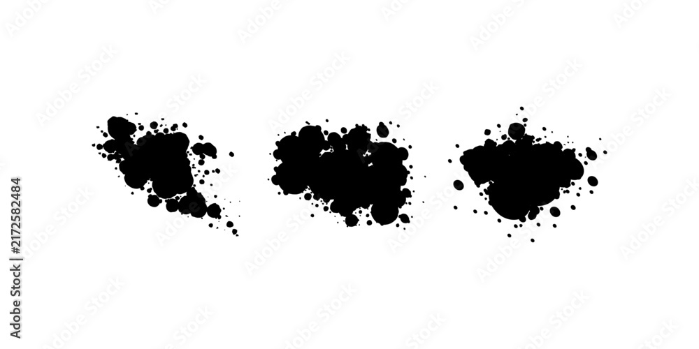 Obraz premium Three black ink splash silhouettes display various splatter sizes and densities ideal for creative street art graphics or dark grunge design elements.