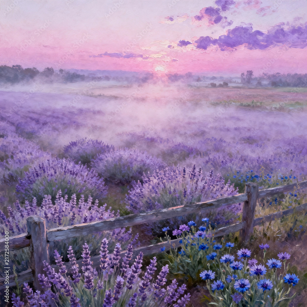 Obraz premium Misty Sunrise Over Lavender Field With Wooden Fence