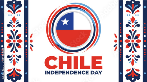 Chile independence day round seal emblem with traditional floral side borders