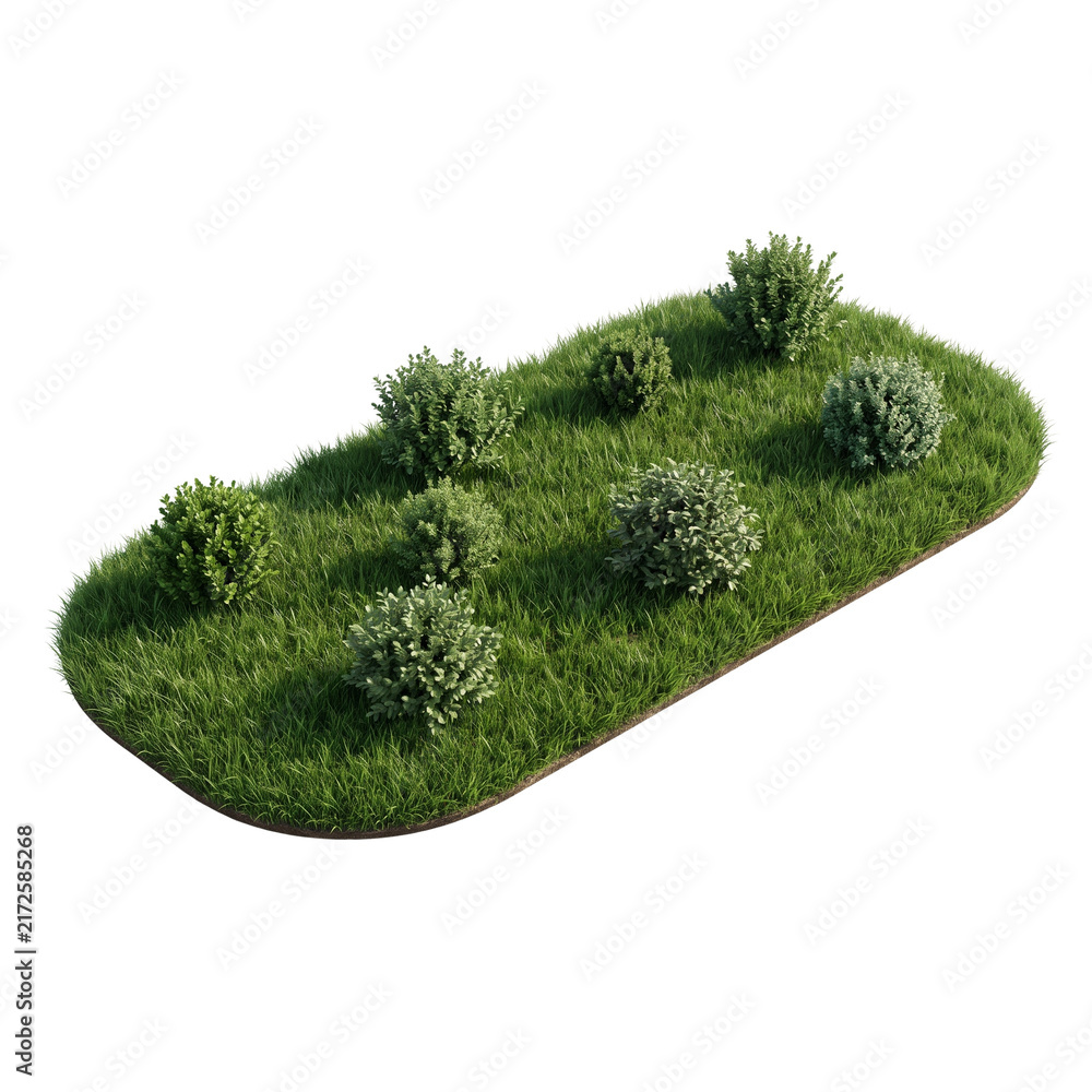 Fototapeta premium Lush green grass patch with small shrubs, isolated garden landscape element, 3D render of lawn turf with bushes for architectural visualization