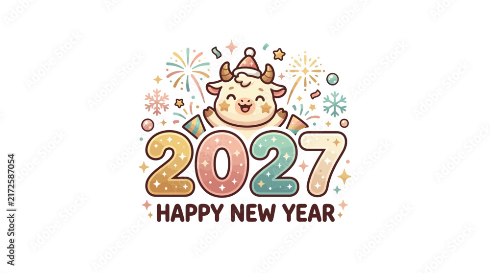 Fototapeta premium Cute Cartoon Ox Celebrating 2027 Happy New Year Illustration