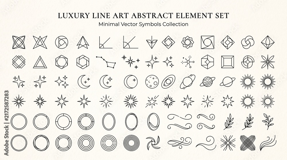 Fototapeta premium Vector hand drawn font Luxury line art abstract geometric symbols with celestial shapes for design, 8K Image 