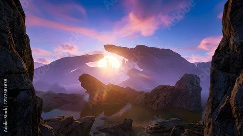 Dramatic sunset over alien rock formations and mountain peaks
