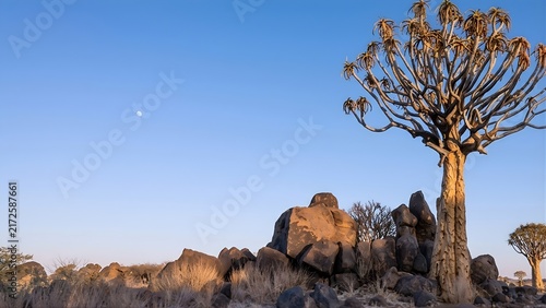 Scenic rocky desert plateau with scattered trees at dusk
