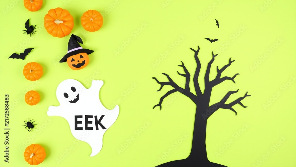 Naklejka premium Cute cartoon halloween ghost with text eek and orange pumpkins near a bare tree on a light green background