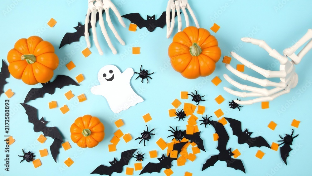 Fototapeta premium Halloween party decorations with pumpkins ghost bats and skeleton hands on a light green background
