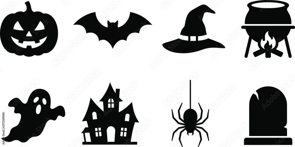 Fototapeta premium Black Halloween Silhouette Icons of Pumpkin Bat Witch Hat Ghost and Haunted House