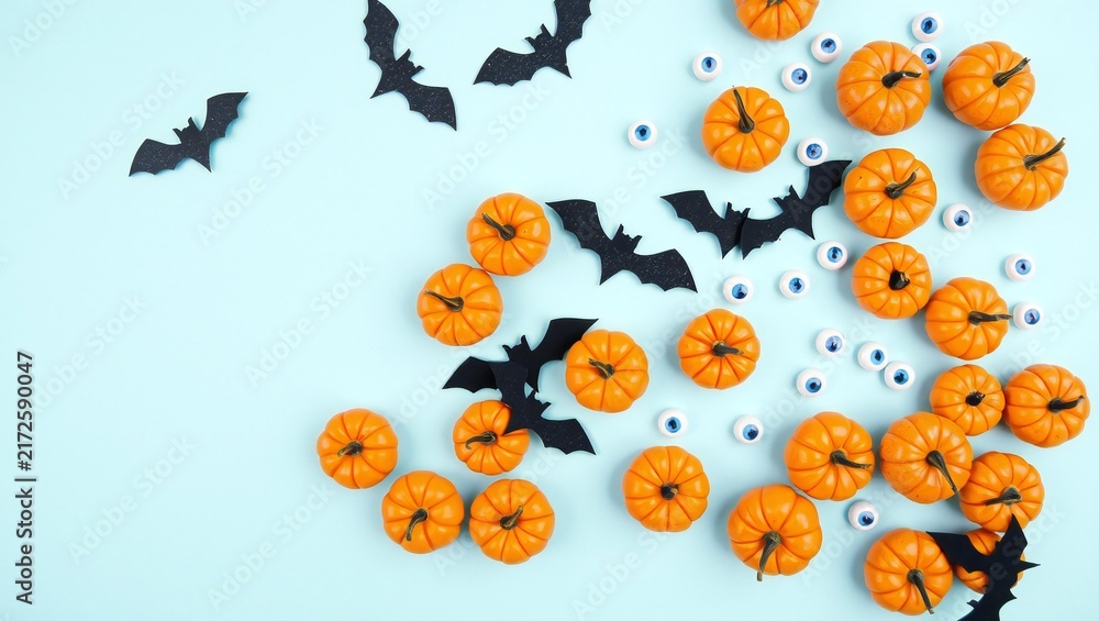 Fototapeta premium Small orange pumpkins and black paper bats with googly eyes for halloween party decoration on a light blue background