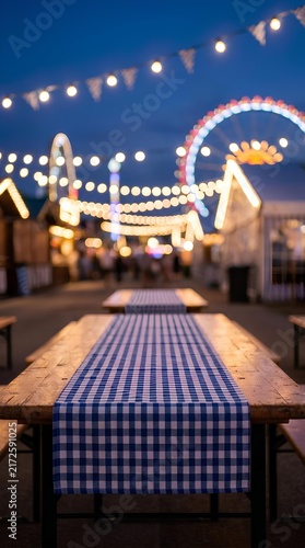 Outdoor festival dining area with empty wooden tables and string lights at night with Ferris wheel.