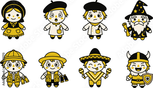 Set of cute cartoon characters wearing various international cultural costumes and traditional outfits in a hand drawn style