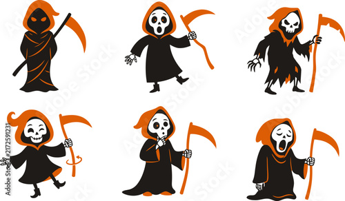 Collection of six cartoon grim reaper characters with scythes on a light background