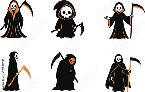 Collection of six cartoon grim reapers or death characters with scythes isolated on white