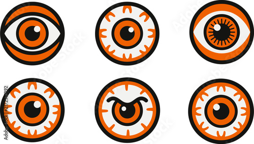 Set of six stylized cartoon human eyes with brown irises and various expressions isolated on white background