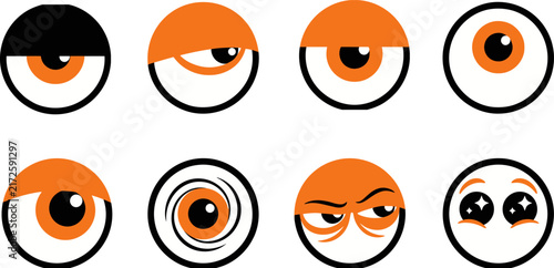 Set of various hand drawn cartoon eyes with different expressions and orange eyelids isolated on white background