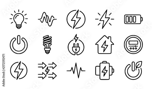 Electricity Energy Light and Power Concept Editable Stroke Outline Vector Icons