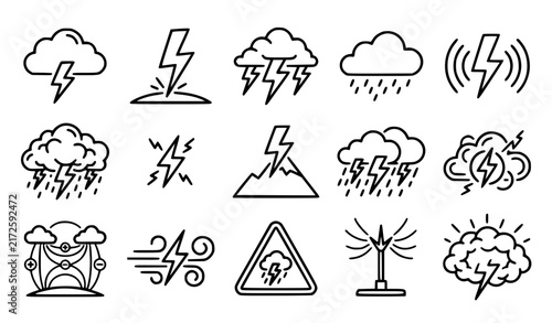 Thunderstorm Lightning and Natural Electricity Editable Stroke Outline Vector Icon Set