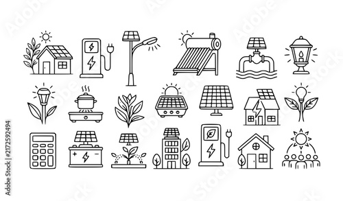 Solar Energy Applications and Sustainable Living Outline Multistyle Vector Banner Icons