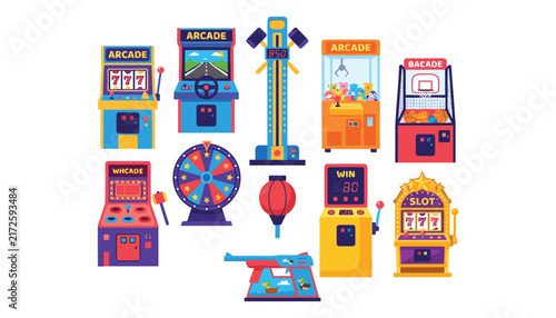 Arcade game machine vector set featuring retro slot machines claw cranes racing simulators and classic amusement park gaming icons