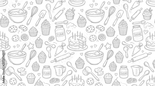 Hand-drawn baking ingredients and tools pattern