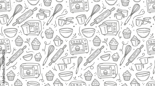 Hand-drawn baking and kitchenware pattern