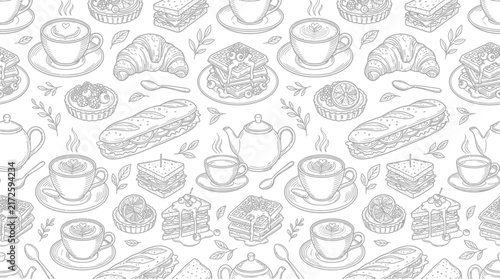 Hand-drawn breakfast and coffee pattern