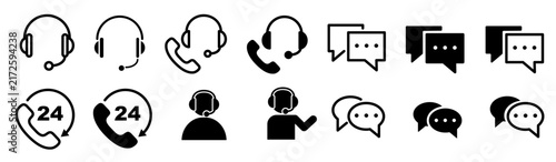 Customer support and contact vector icon set. 14 pictograms for call center, headset, chat, 24 hours service, operator, and web UI.