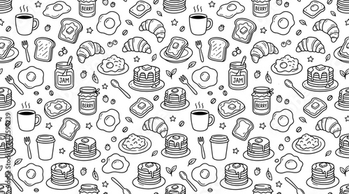 Hand-drawn breakfast doodles seamless pattern