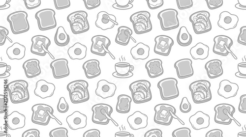 Hand-drawn breakfast pattern with toast and coffee
