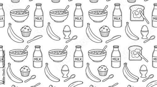 Hand-drawn breakfast pattern, isolated on white