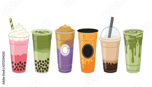 Boba milk tea vector illustration set featuring assorted bubble tea flavors matcha frappes smoothies with tapioca pearls on white