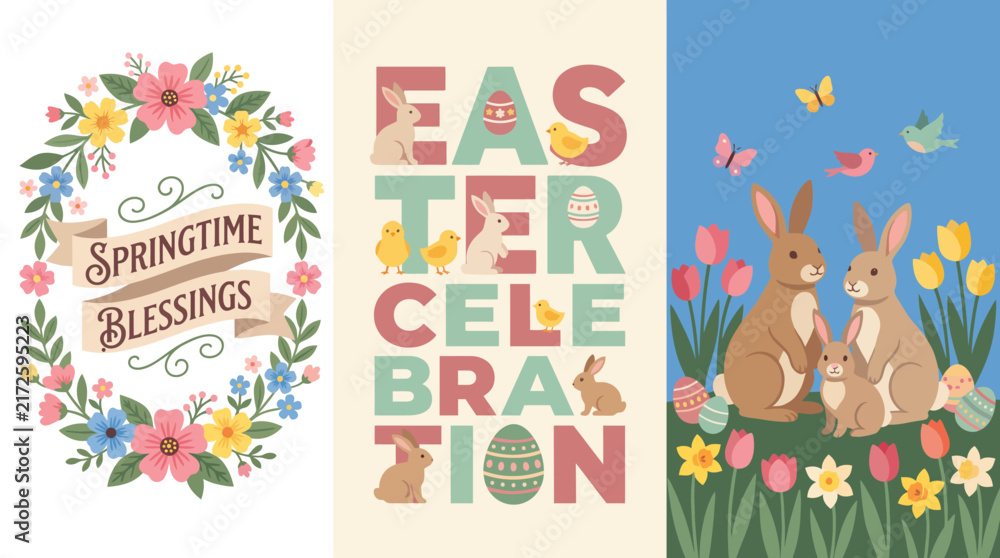 Fototapeta premium This vibrant image features a floral design that celebrates springtime and Easter with cheerful elements like bunnies, flowers, and colorful eggs, evoking joy.