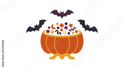 Pumpkin Cauldron Filled with Halloween Candy Shapes and Flying Bats